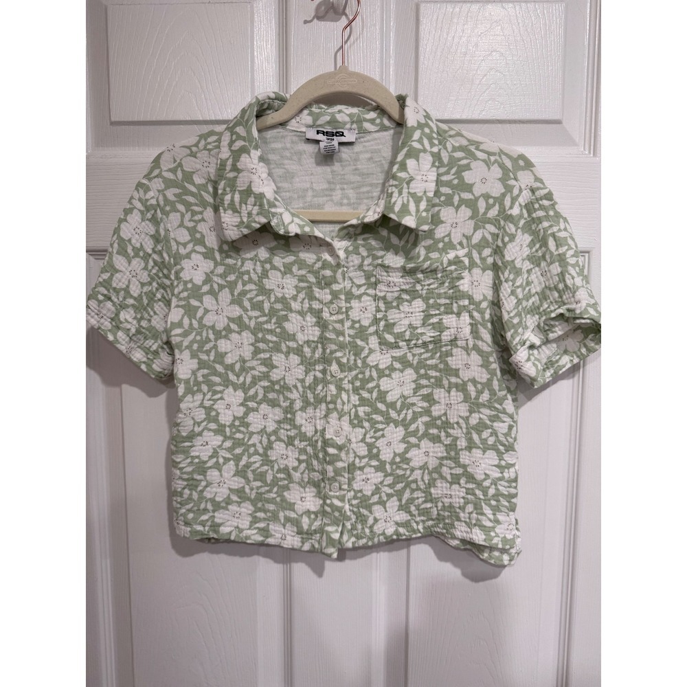 RSQ Womens Large Green White Floral Cotton Gauze Button Down Short Sleeve Shirt